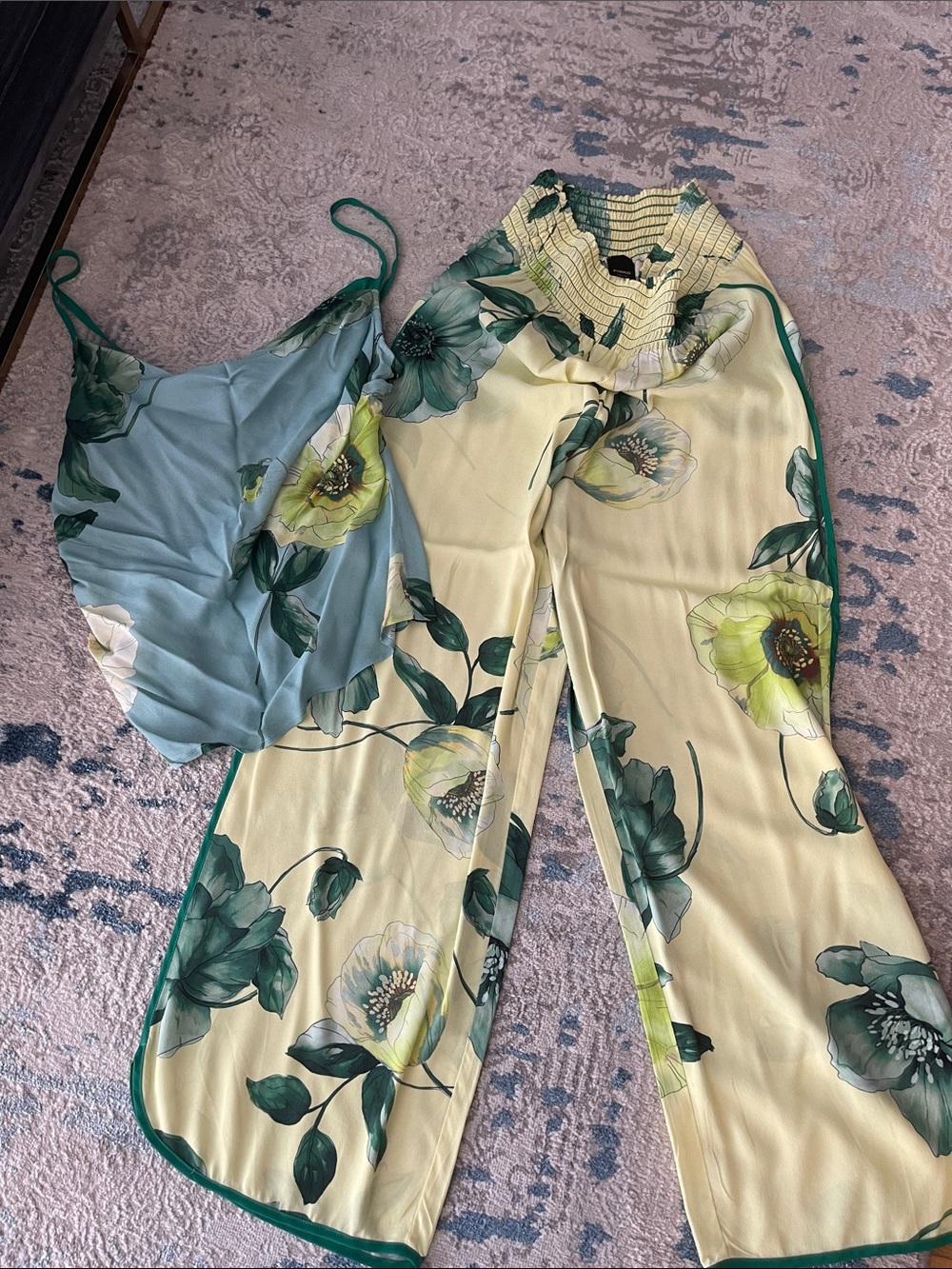 Pinko Floral Satin Wide-Leg Jumpsuit & Cami in Cream, Light Blue, Green